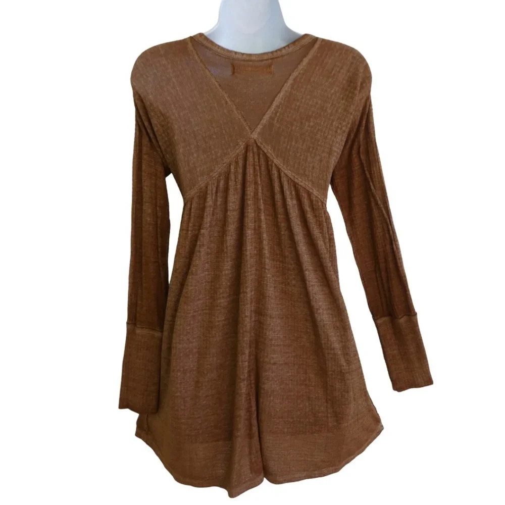 We The Free People Brown Babydoll Henley Swing Long Sleeve Oversized Thermal S